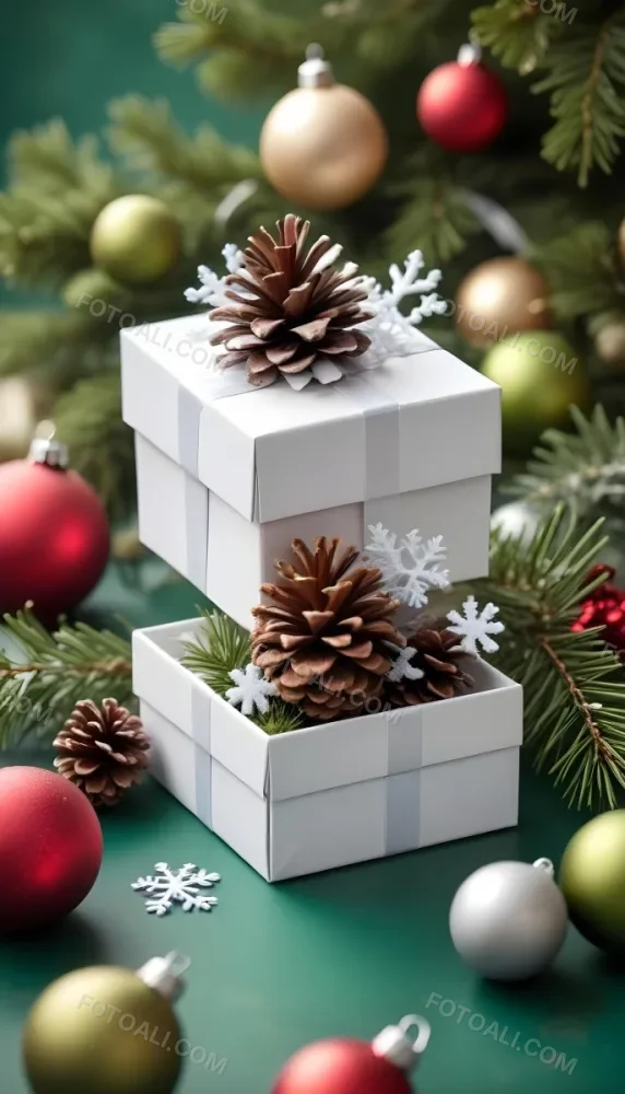 A White Gift Box With A Pine Cone On Top Surrounded By Christmas Ornaments And Snowflakes 10 Bd08