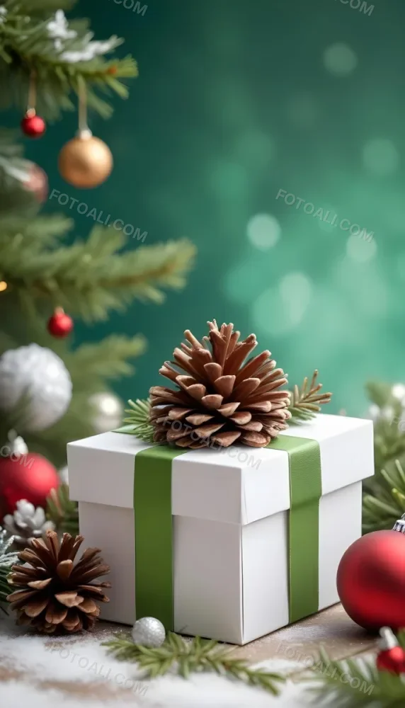 A White Gift Box With A Pine Cone On Top Surrounded By Christmas Ornaments And Snowflakes 13 1c97