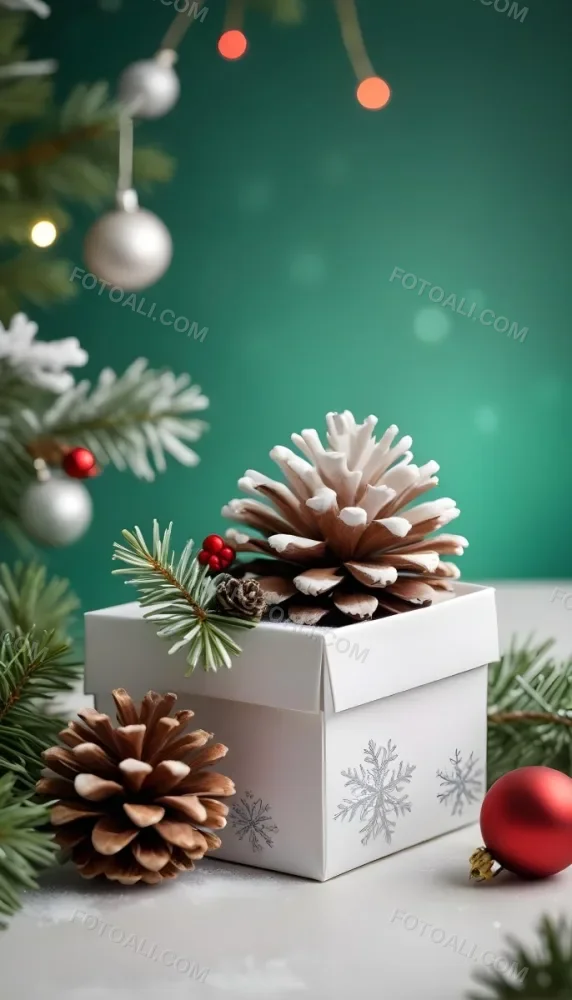 A White Gift Box With A Pine Cone On Top Surrounded By Christmas Ornaments And Snowflakes 16 E0b8