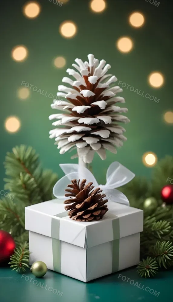 A White Gift Box With A Pine Cone On Top Surrounded By Christmas Ornaments And Snowflakes 17 74e4
