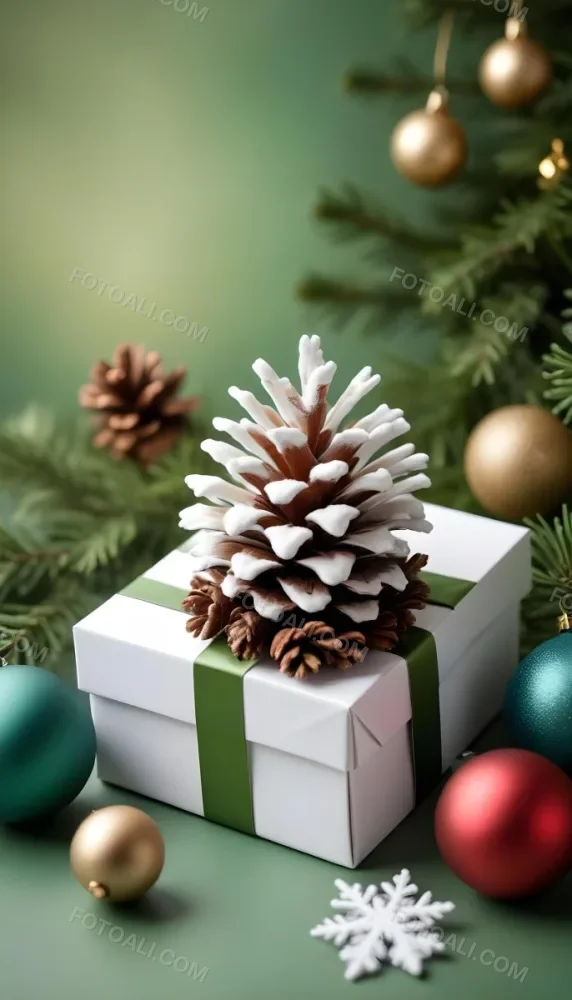 A White Gift Box With A Pine Cone On Top Surrounded By Christmas Ornaments And Snowflakes 2 Ab38