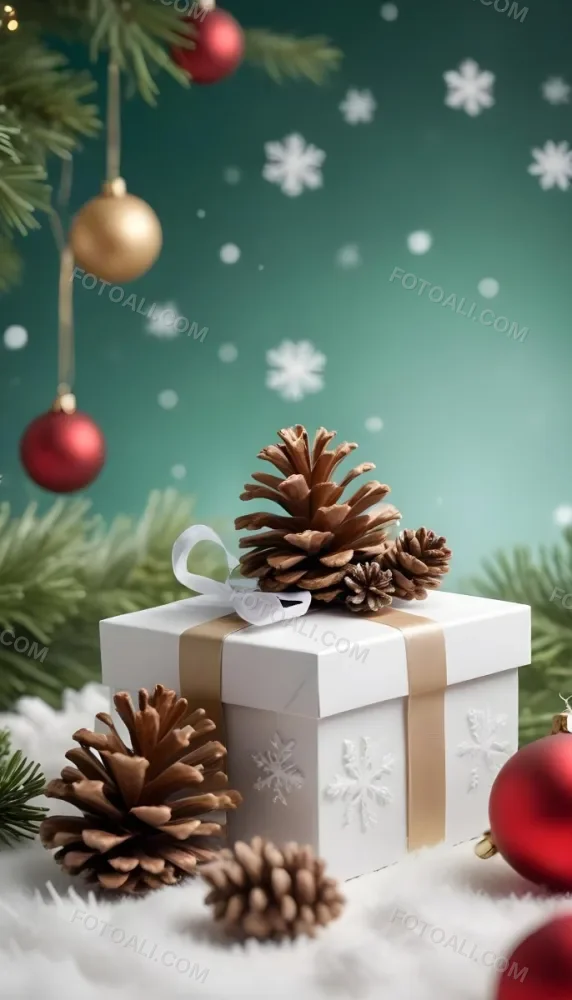 A White Gift Box With A Pine Cone On Top Surrounded By Christmas Ornaments And Snowflakes 6 2e68