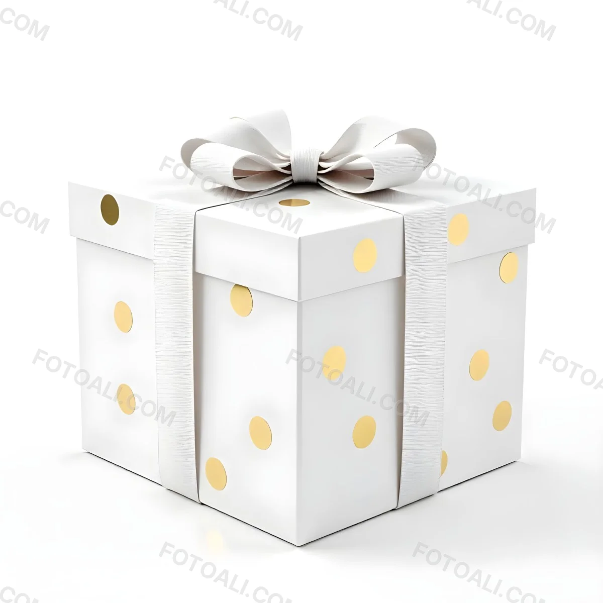 A White Gift Box With Golden Polka Dots And A White Ribbon Isolated On A White Background 1 4562