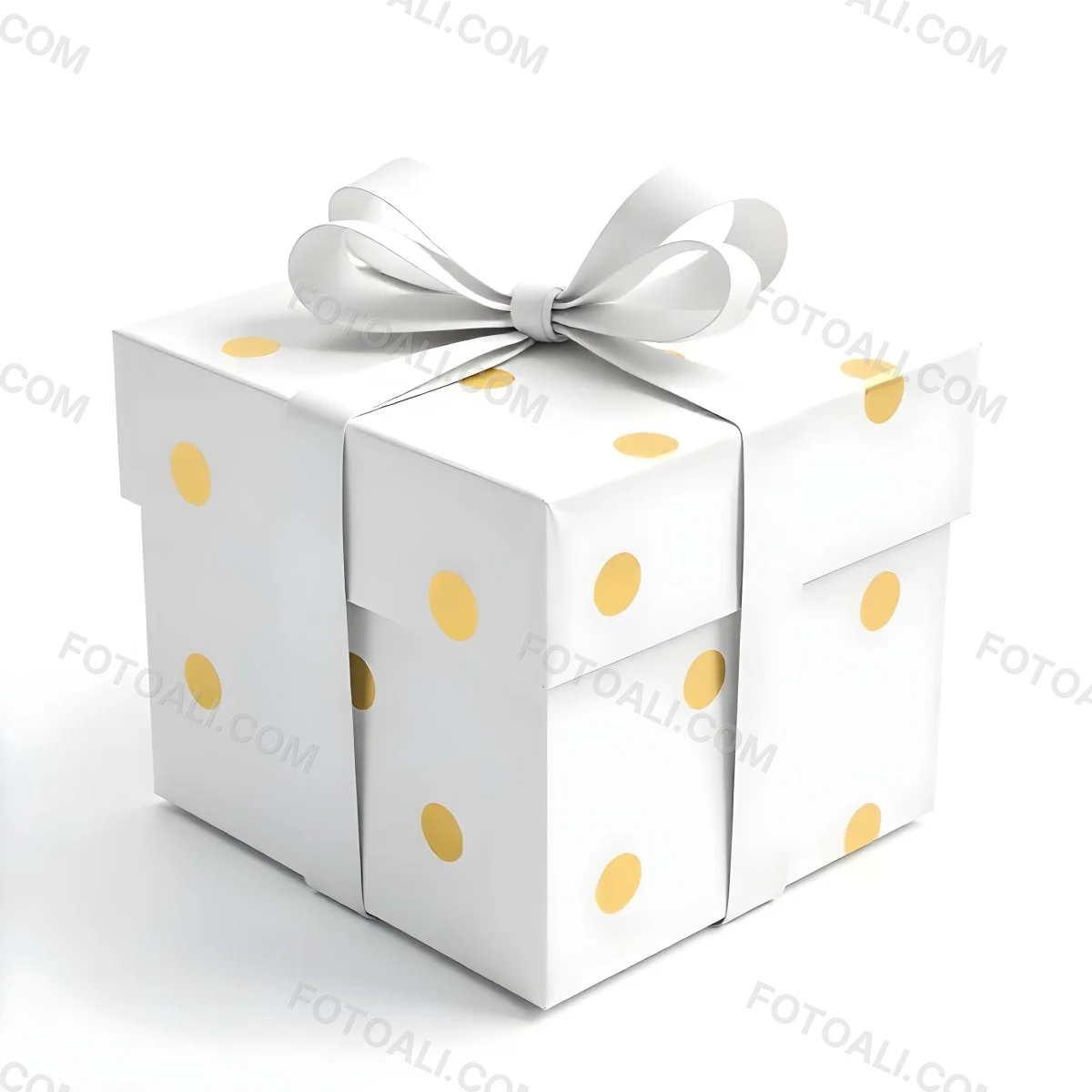 A White Gift Box With Golden Polka Dots And A White Ribbon Isolated On A White Background 2 Fac5