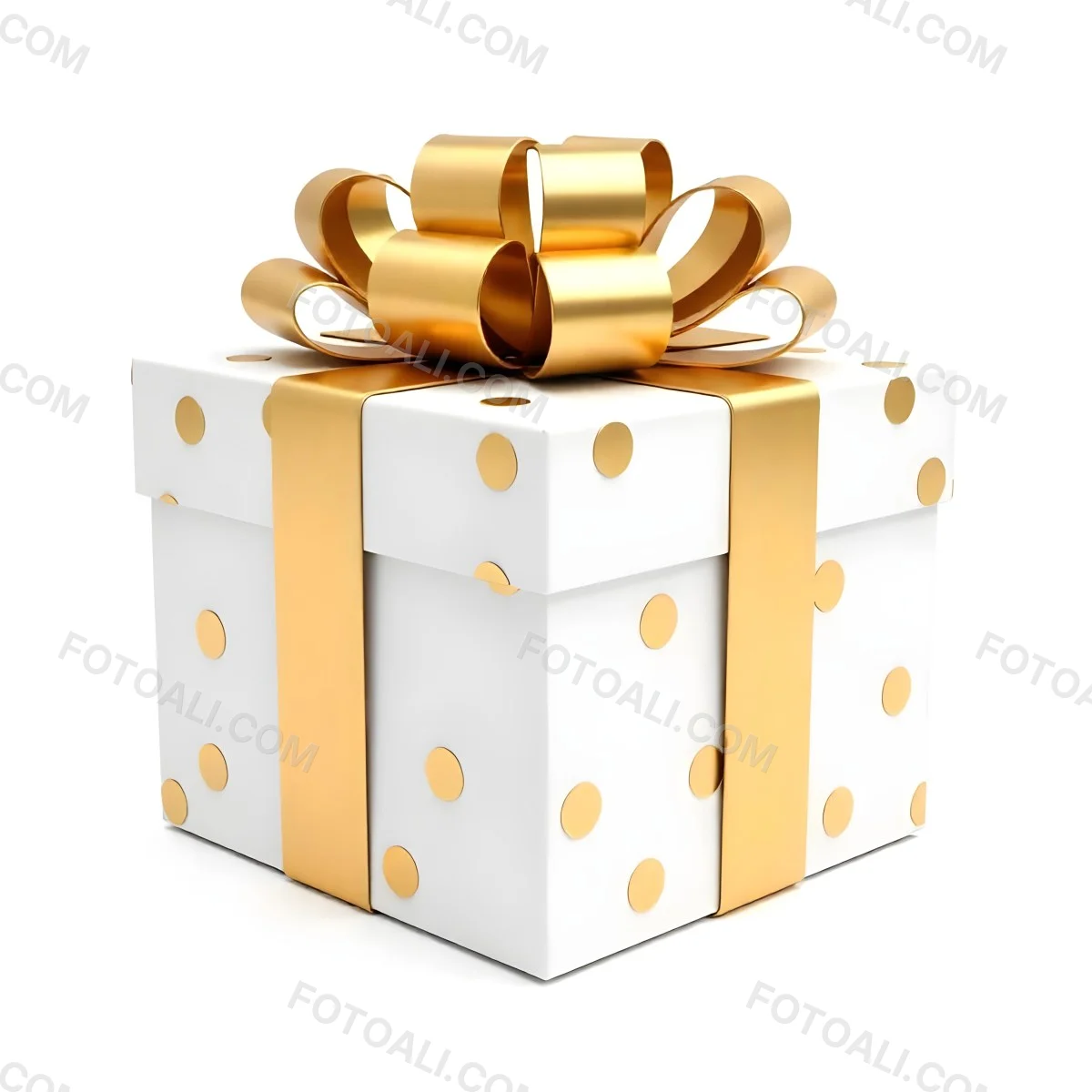 A White Gift Box With Golden Polka Dots And A White Ribbon Isolated On A White Background 28 86b4