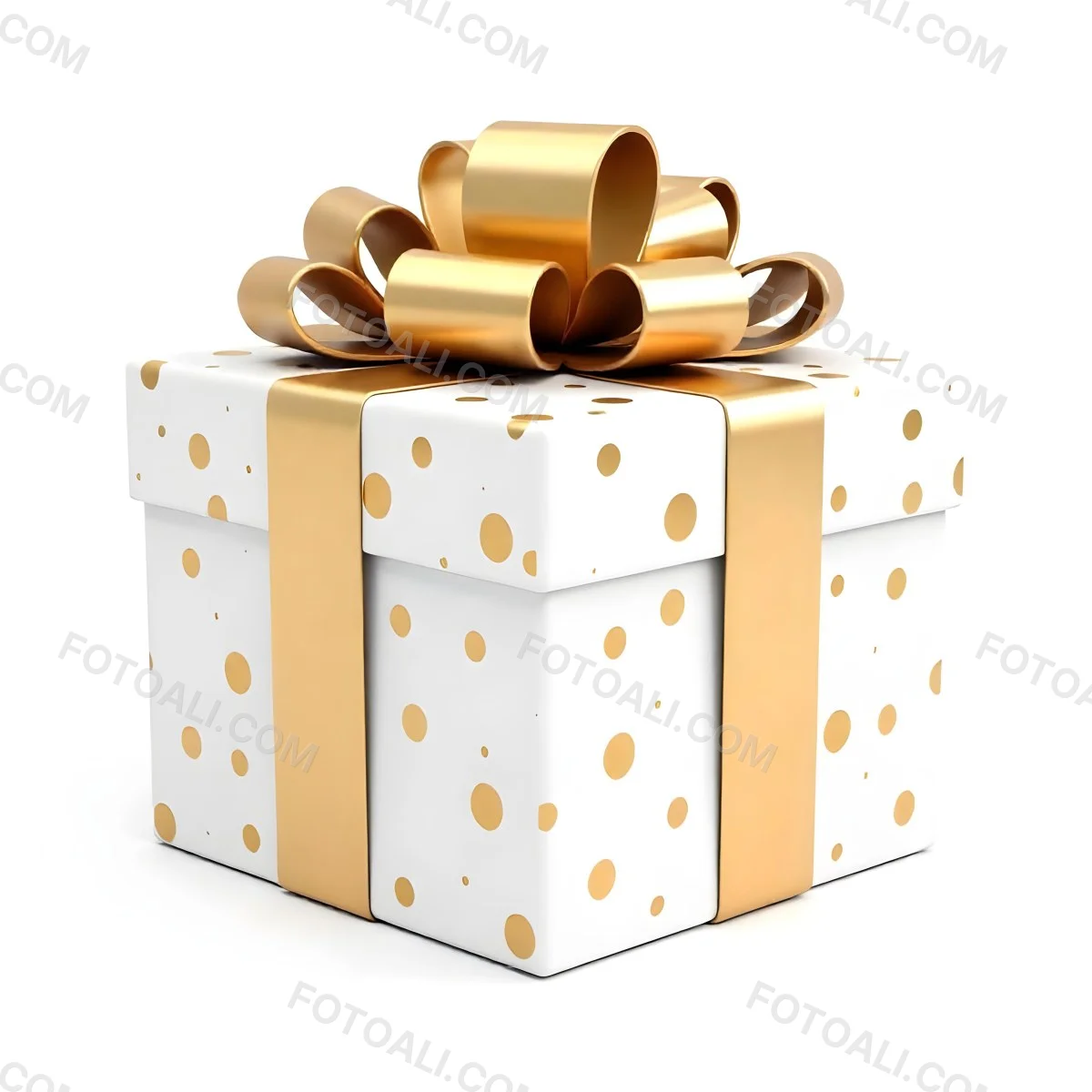 A White Gift Box With Golden Polka Dots And A White Ribbon Isolated On A White Background 5 D37a