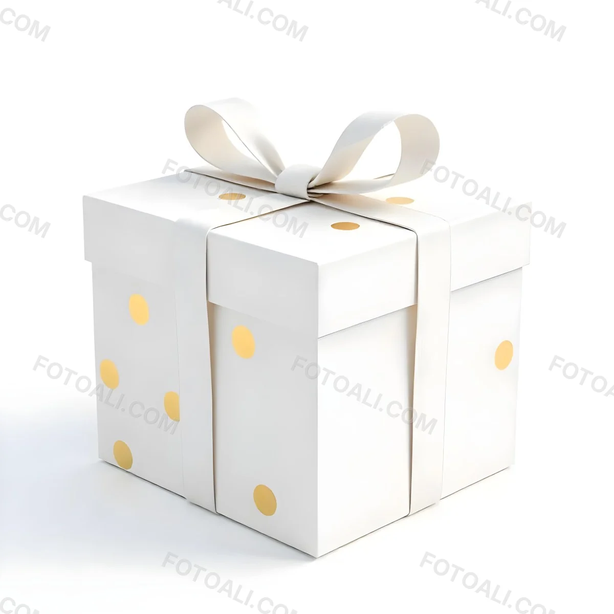 A White Gift Box With Golden Polka Dots And A White Ribbon Isolated On A White Background 6 9b89