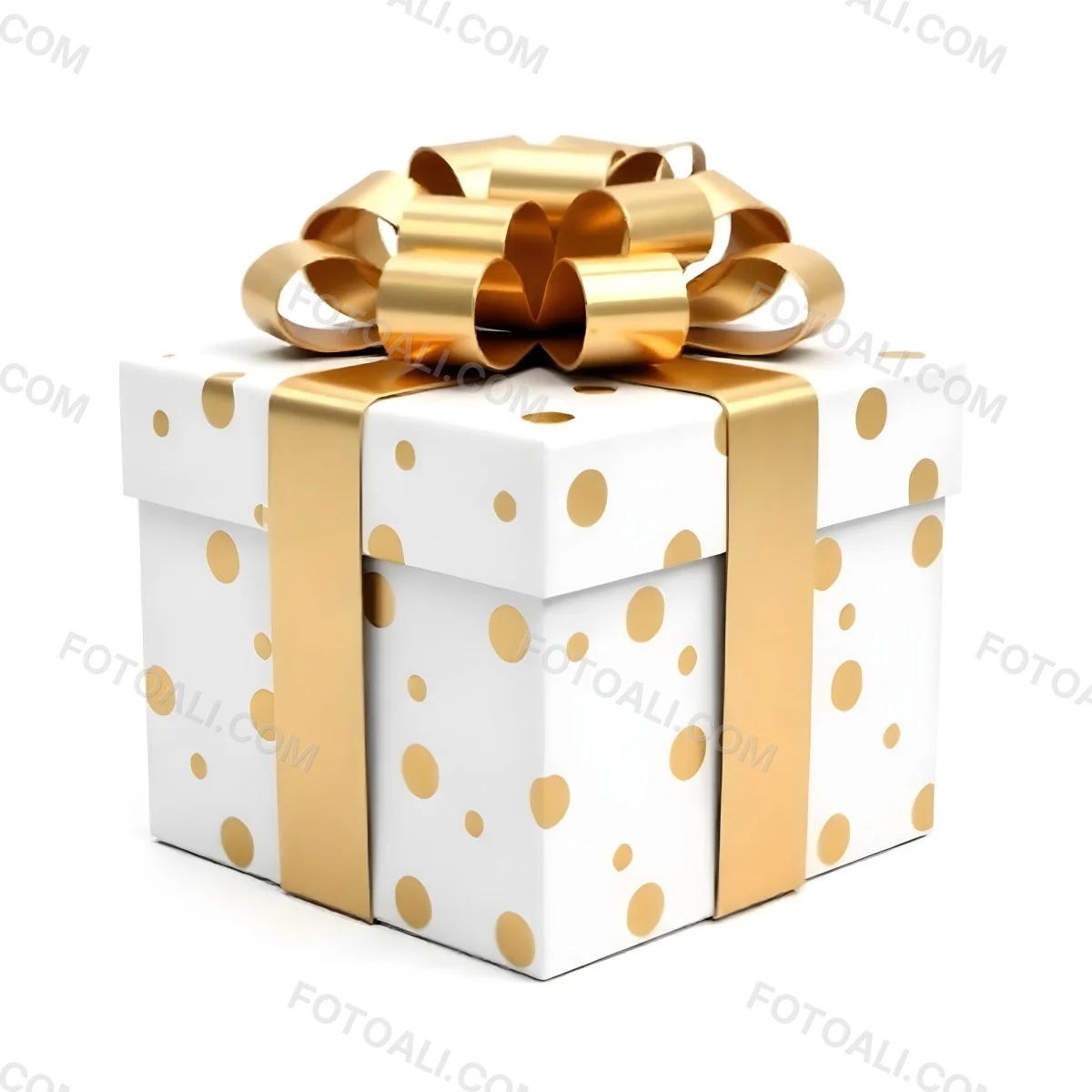 A White Gift Box With Golden Polka Dots And A White Ribbon Isolated On A White Background 7 8482