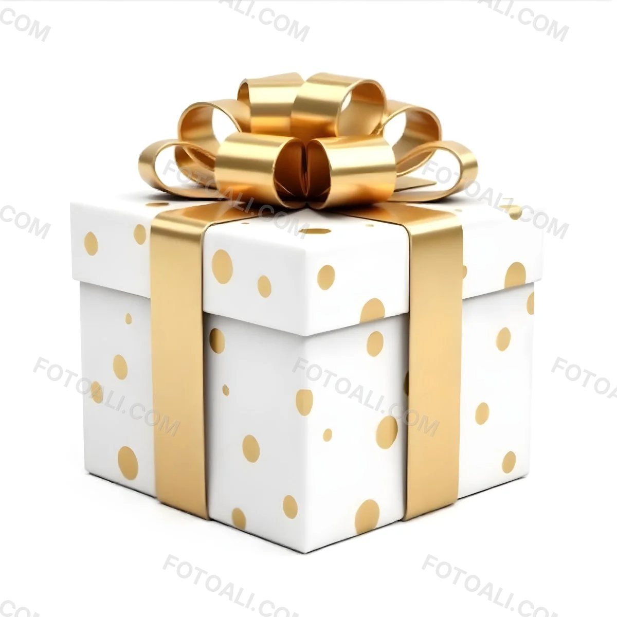 A White Gift Box With Golden Polka Dots And A White Ribbon Isolated On A White Background 9 6d85