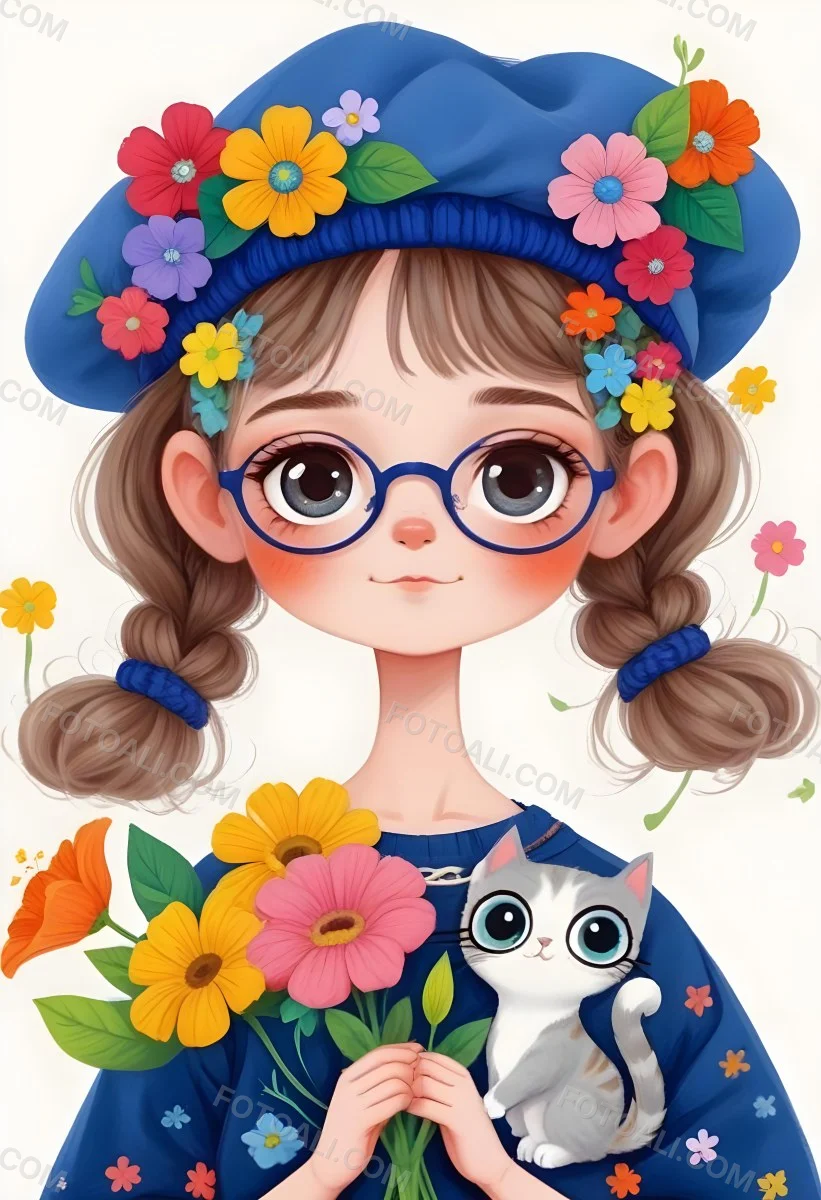 A White Girl 10 Years Old With Brown Braided Hair And Blue Glasses Wearing A Blue Hat With Flowers Holding A Cat And Flowers In A White Background 1 B40a