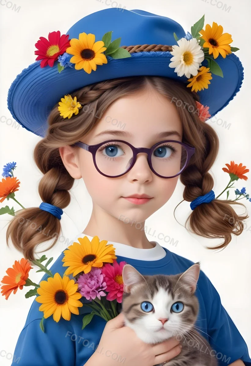 A White Girl 10 Years Old With Brown Braided Hair And Blue Glasses Wearing A Blue Hat With Flowers Holding A Cat And Flowers In A White Background 2 E014