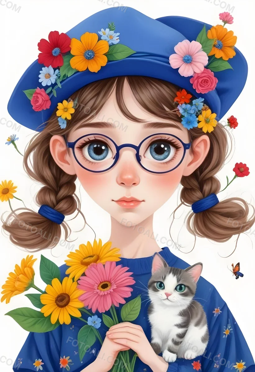 A White Girl 10 Years Old With Brown Braided Hair And Blue Glasses Wearing A Blue Hat With Flowers Holding A Cat And Flowers In A White Background 3 E73c