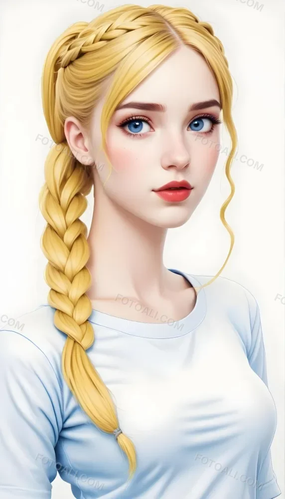 A White Girl 19 Years Old With Red Eyes Blue Hair In A Braid Red Lips Wearing A White T Shirt Simple Background 12 5048