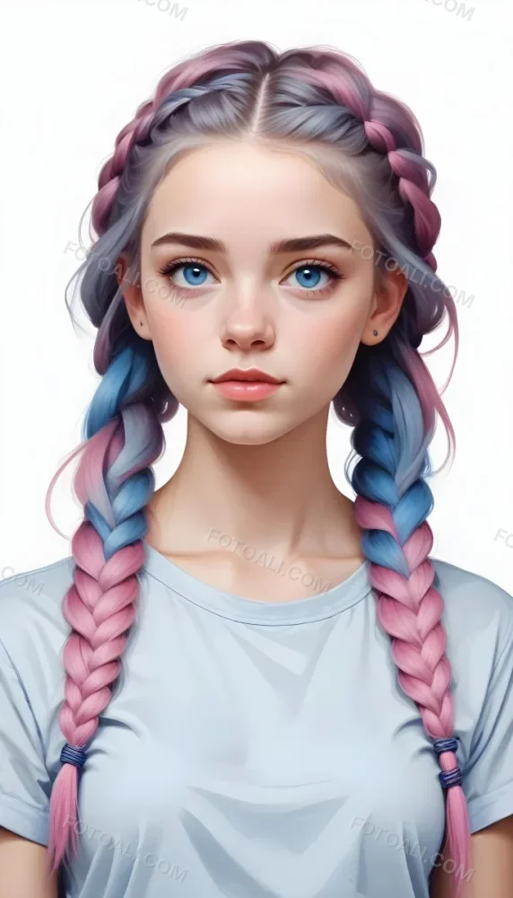 A White Girl 19 Years Old With Red Eyes Blue Hair In A Braid Red Lips Wearing A White T Shirt Simple Background 128 A8eb