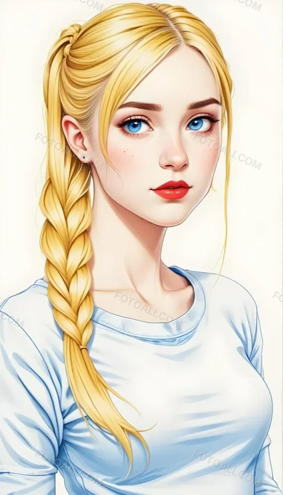 A White Girl 19 Years Old With Red Eyes Blue Hair In A Braid Red Lips Wearing A White T Shirt Simple Background 17 536d