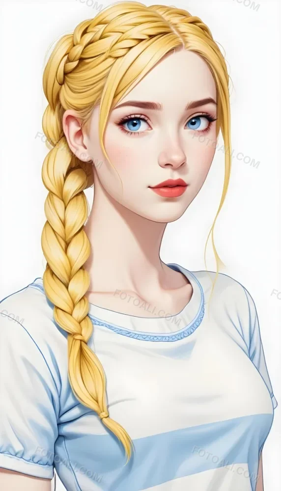 A White Girl 19 Years Old With Red Eyes Blue Hair In A Braid Red Lips Wearing A White T Shirt Simple Background 26 A10c