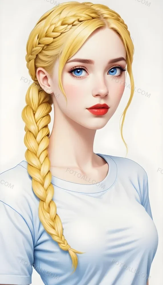 A White Girl 19 Years Old With Red Eyes Blue Hair In A Braid Red Lips Wearing A White T Shirt Simple Background 27 40e0