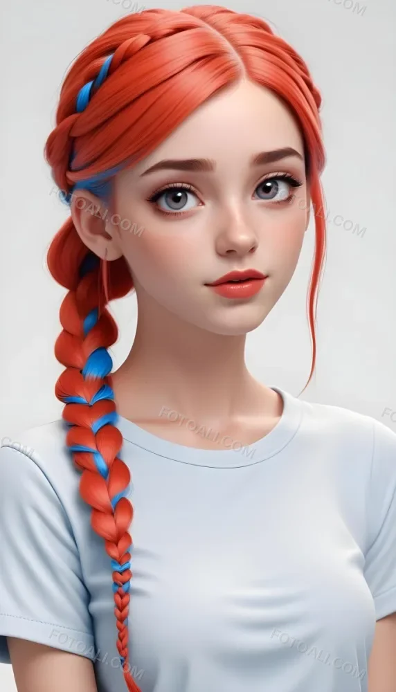 A White Girl 19 Years Old With Red Eyes Blue Hair In A Braid Red Lips Wearing A White T Shirt Simple Background 3 88fa