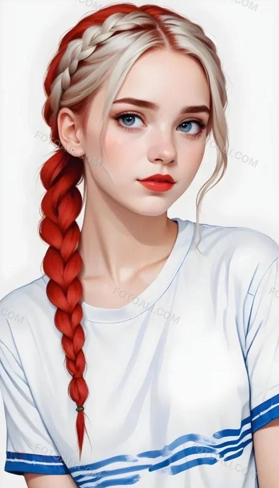 A White Girl 19 Years Old With Red Eyes Blue Hair In A Braid Red Lips Wearing A White T Shirt Simple Background 30 53f8