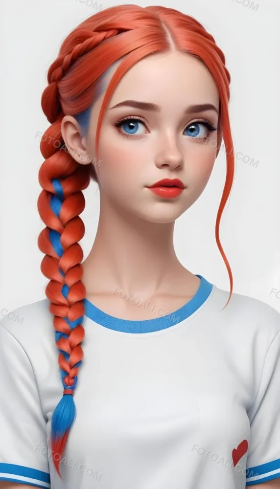 A White Girl 19 Years Old With Red Eyes Blue Hair In A Braid Red Lips Wearing A White T Shirt Simple Background 7 Da7c