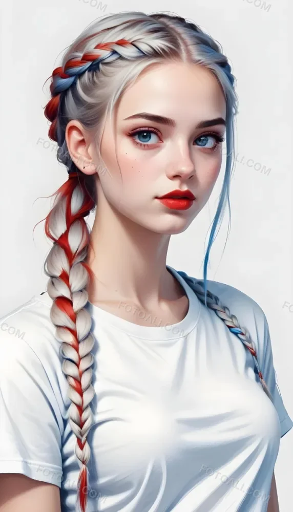 A White Girl 19 Years Old With Red Eyes Blue Hair In A Braid Red Lips Wearing A White T Shirt Simple Background 70 6341