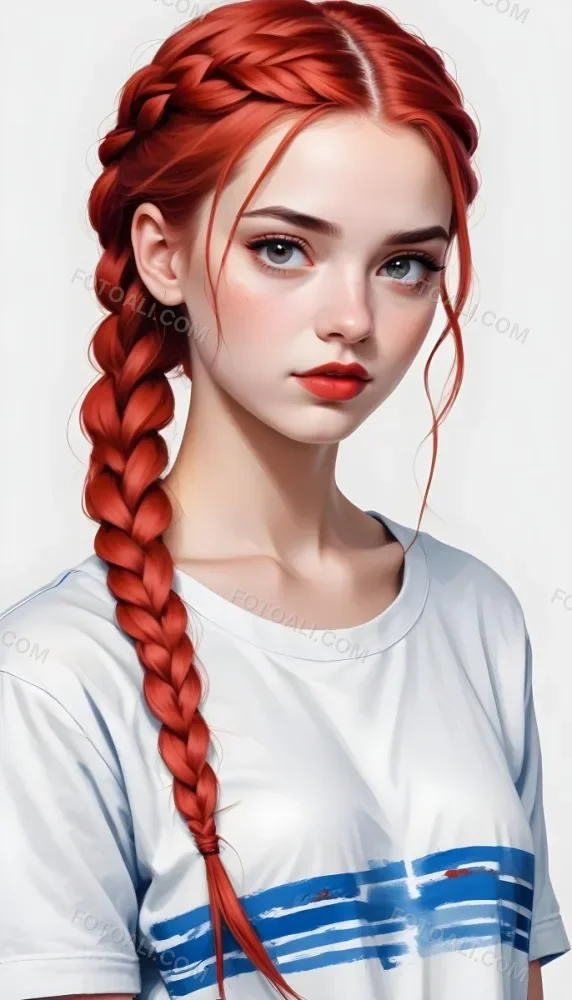 A White Girl 19 Years Old With Red Eyes Blue Hair In A Braid Red Lips Wearing A White T Shirt Simple Background 77 4bb9