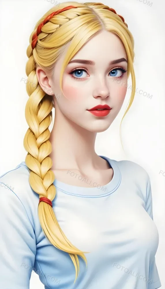 A White Girl 19 Years Old With Red Eyes Blue Hair In A Braid Red Lips Wearing A White T Shirt Simple Background 9 0a94