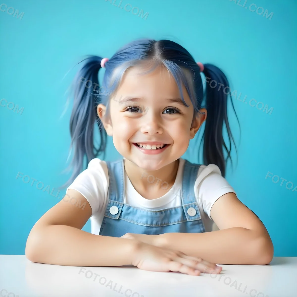 A White Girl 8 Years Old With Blue Hair In Pigtails Smiling Looking At The Viewer In Front Of A White Table And A Blue Background 18 507f