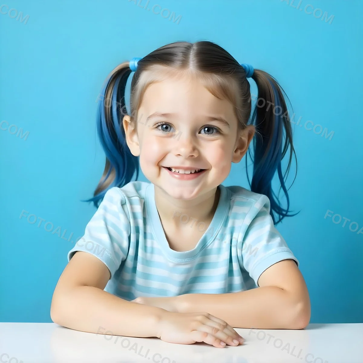 A White Girl 8 Years Old With Blue Hair In Pigtails Smiling Looking At The Viewer In Front Of A White Table And A Blue Background 35 8083
