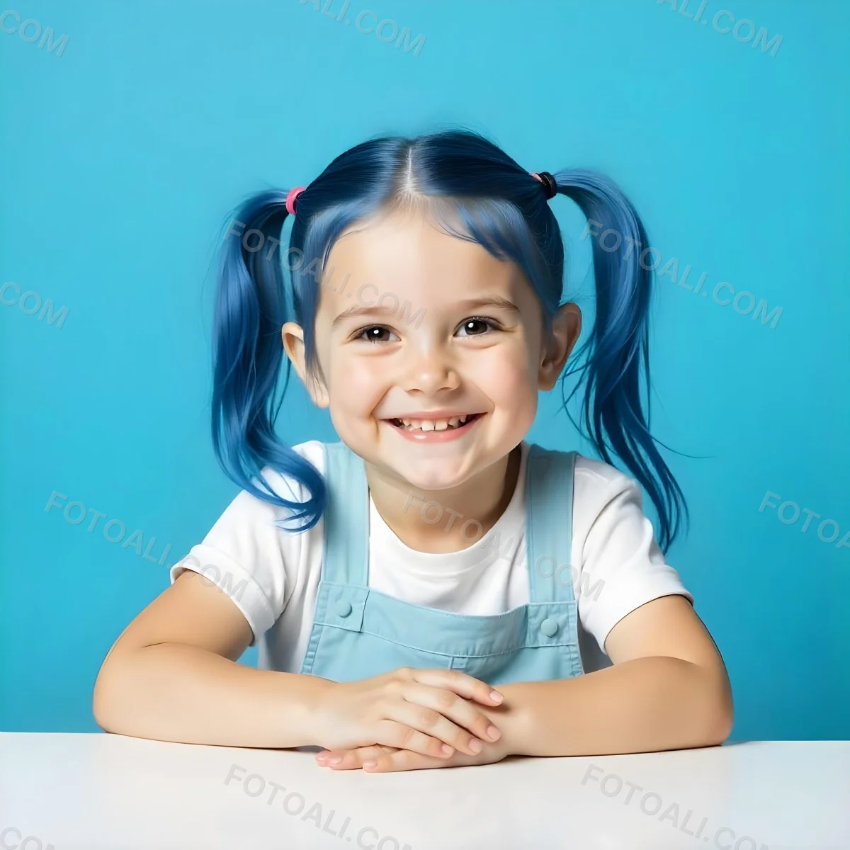 A White Girl 8 Years Old With Blue Hair In Pigtails Smiling Looking At The Viewer In Front Of A White Table And A Blue Background 37 329f