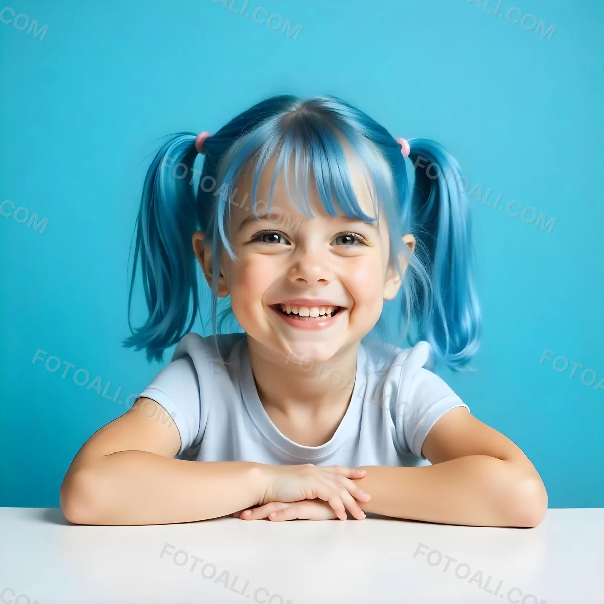 A White Girl 8 Years Old With Blue Hair In Pigtails Smiling Looking At The Viewer In Front Of A White Table And A Blue Background 39 8bde