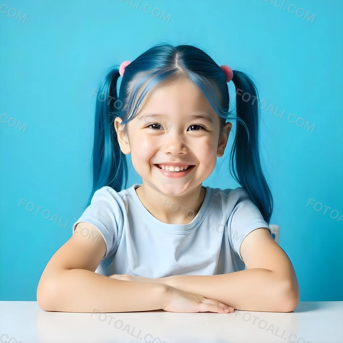 A White Girl 8 Years Old With Blue Hair In Pigtails Smiling Looking At The Viewer In Front Of A White Table And A Blue Background 4 757f