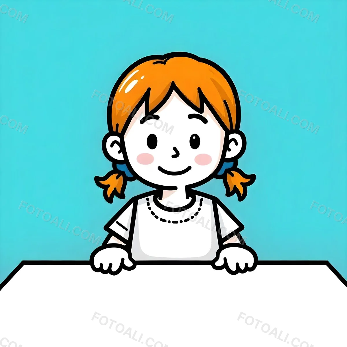 A White Girl 8 Years Old With Blue Hair In Pigtails Smiling Looking At The Viewer In Front Of A White Table And A Blue Background 9 0bd0