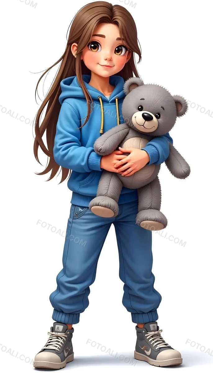 A White Girl Age 10 Long Brown Hair Blue Hoodie And Blue Pants Holding A Gray Teddy Bear In A White Background 10 E887