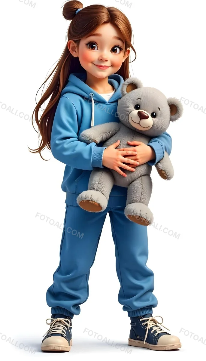 A White Girl Age 10 Long Brown Hair Blue Hoodie And Blue Pants Holding A Gray Teddy Bear In A White Background 18 Bbca
