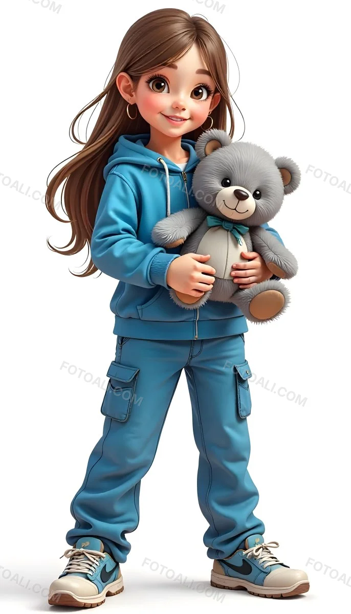 A White Girl Age 10 Long Brown Hair Blue Hoodie And Blue Pants Holding A Gray Teddy Bear In A White Background 21 C092