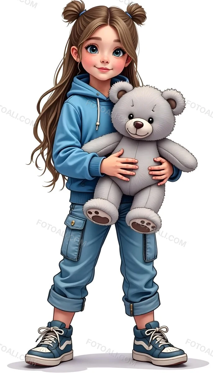 A White Girl Age 10 Long Brown Hair Blue Hoodie And Blue Pants Holding A Gray Teddy Bear In A White Background 23 1ed8