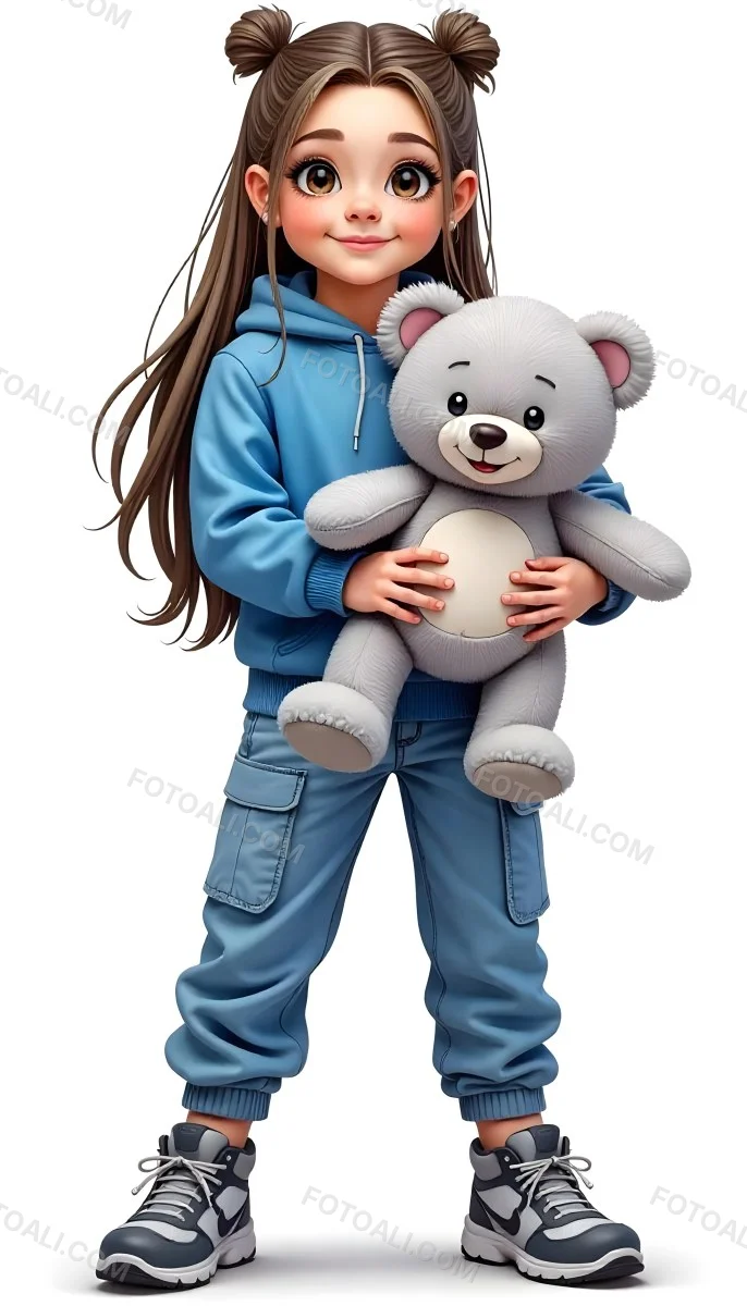 A White Girl Age 10 Long Brown Hair Blue Hoodie And Blue Pants Holding A Gray Teddy Bear In A White Background 24 Faa5