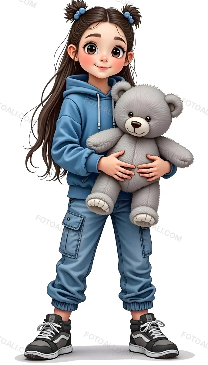 A White Girl Age 10 Long Brown Hair Blue Hoodie And Blue Pants Holding A Gray Teddy Bear In A White Background 28 6223