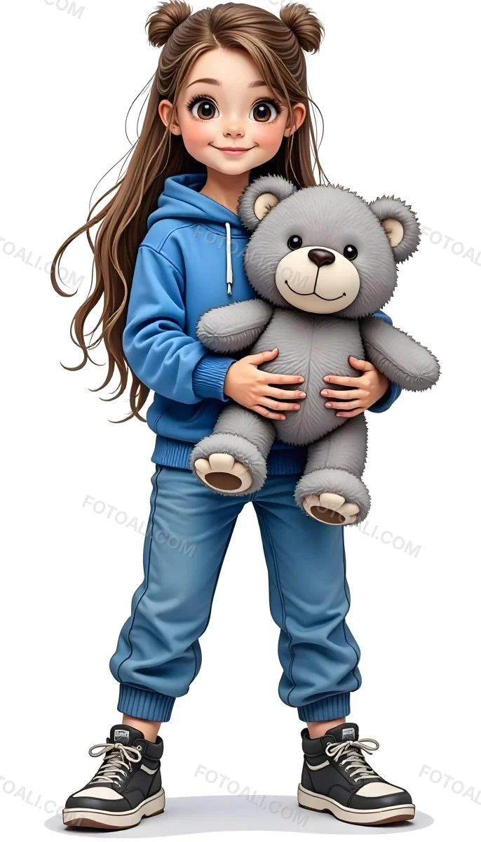 A White Girl Age 10 Long Brown Hair Blue Hoodie And Blue Pants Holding A Gray Teddy Bear In A White Background 33 C7cb