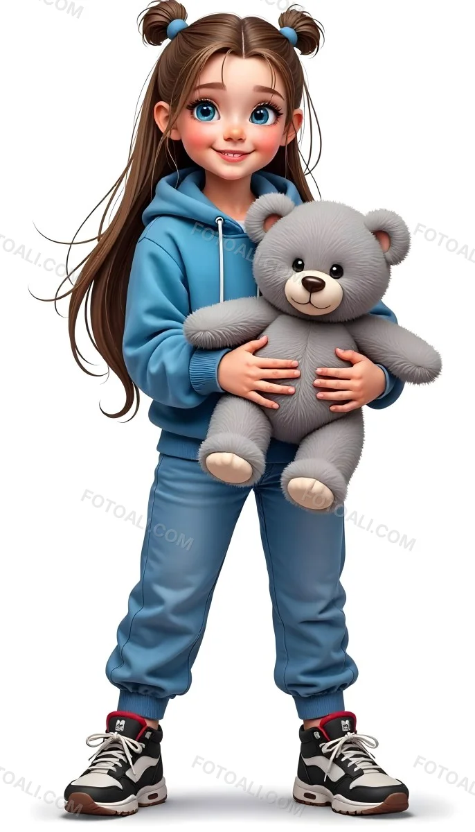 A White Girl Age 10 Long Brown Hair Blue Hoodie And Blue Pants Holding A Gray Teddy Bear In A White Background 35 5b13