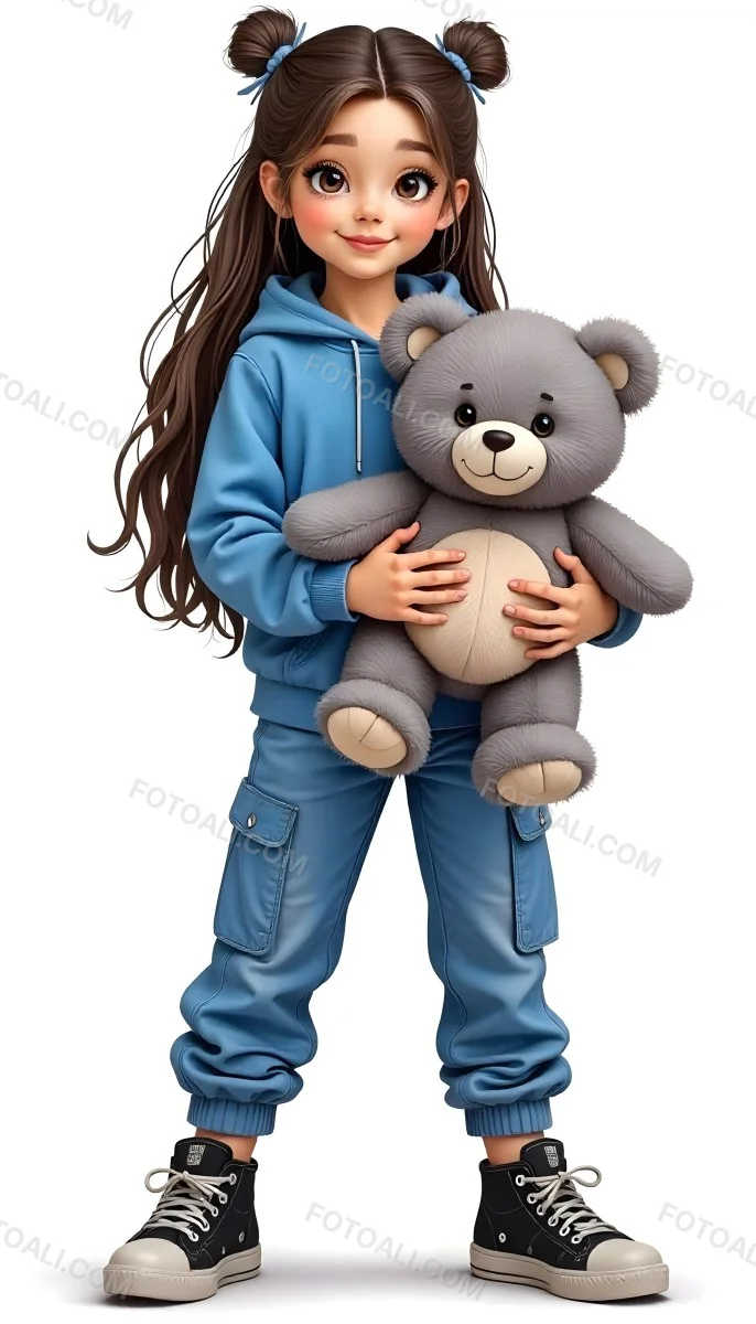 A White Girl Age 10 Long Brown Hair Blue Hoodie And Blue Pants Holding A Gray Teddy Bear In A White Background 39 24fc