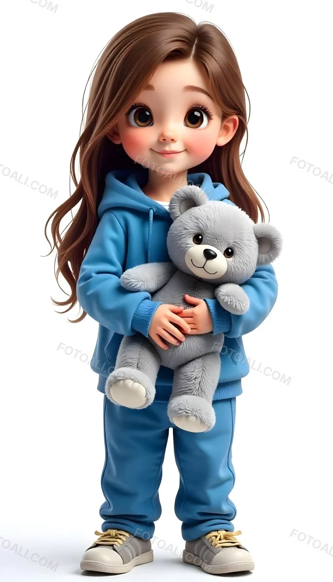 A White Girl Age 10 Long Brown Hair Blue Hoodie And Blue Pants Holding A Gray Teddy Bear In A White Background 4 C934