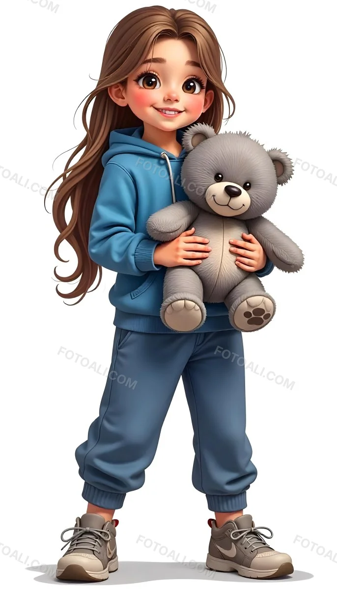 A White Girl Age 10 Long Brown Hair Blue Hoodie And Blue Pants Holding A Gray Teddy Bear In A White Background 5 Af4e