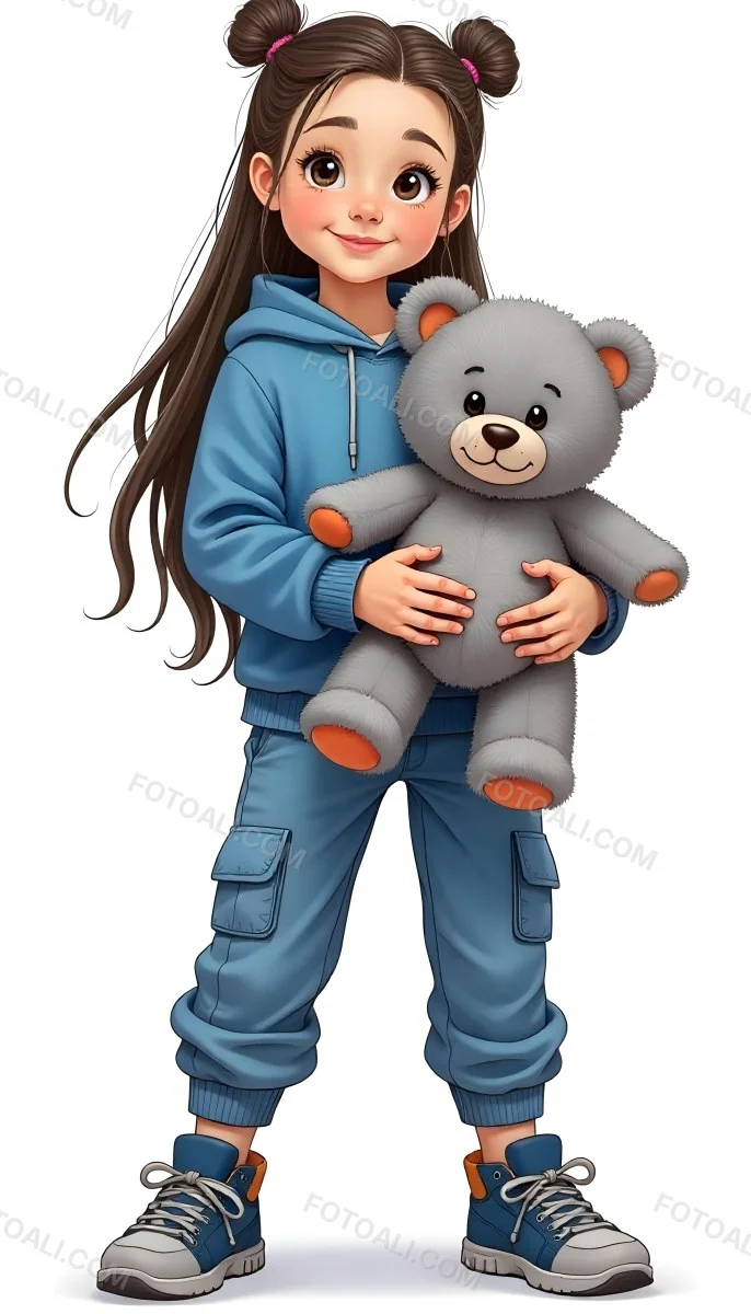A White Girl Age 10 Long Brown Hair Blue Hoodie And Blue Pants Holding A Gray Teddy Bear In A White Background 8 E3f1