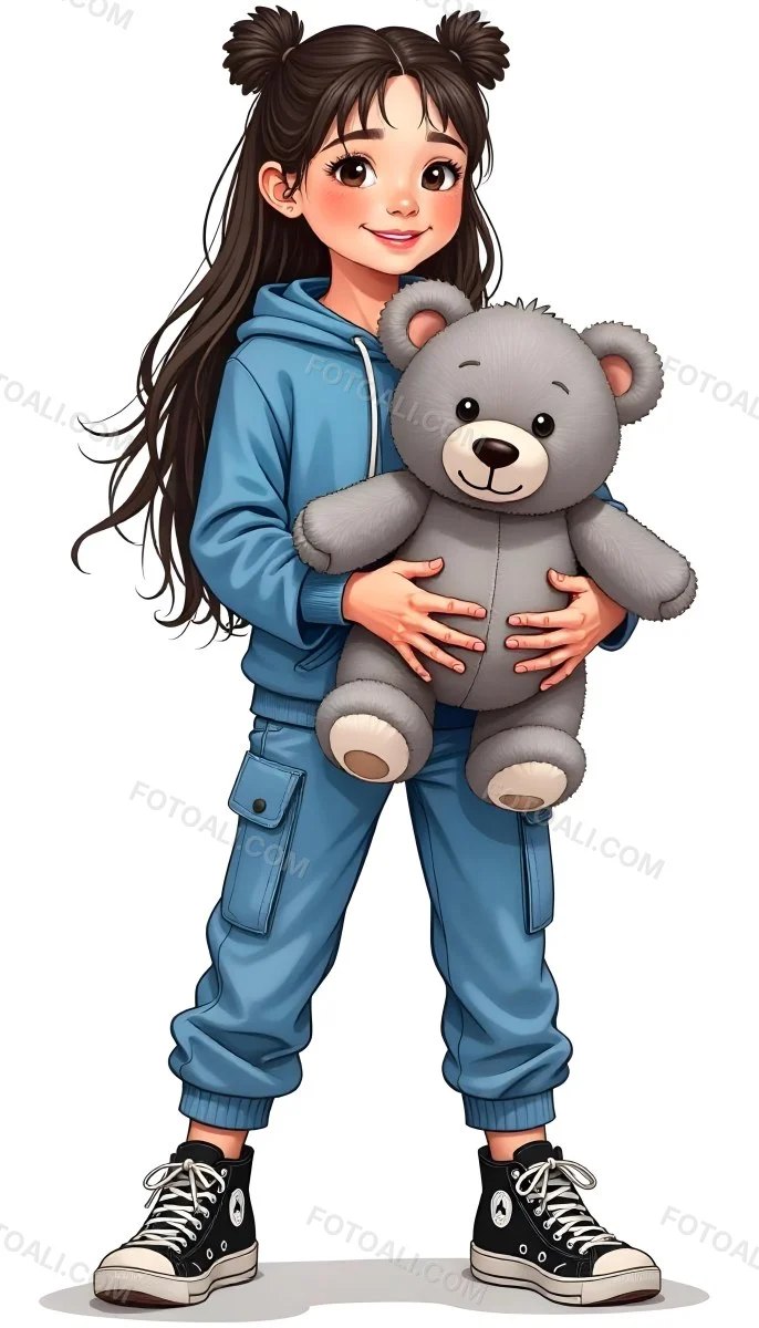 A White Girl Age 10 Long Brown Hair Blue Hoodie And Blue Pants Holding A Gray Teddy Bear In A White Background 9 0fae