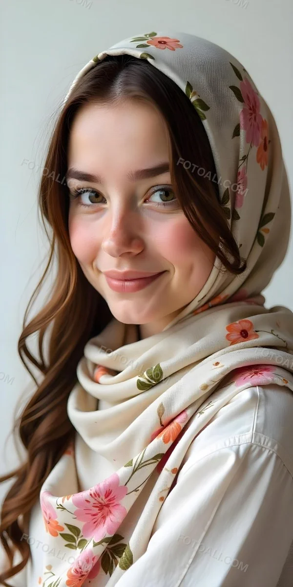 A White Girl With Freckles 21 Years Old Light Brown Hair Wearing A Hijab With Floral Ornaments Light Skin In A White Background 10 6edd