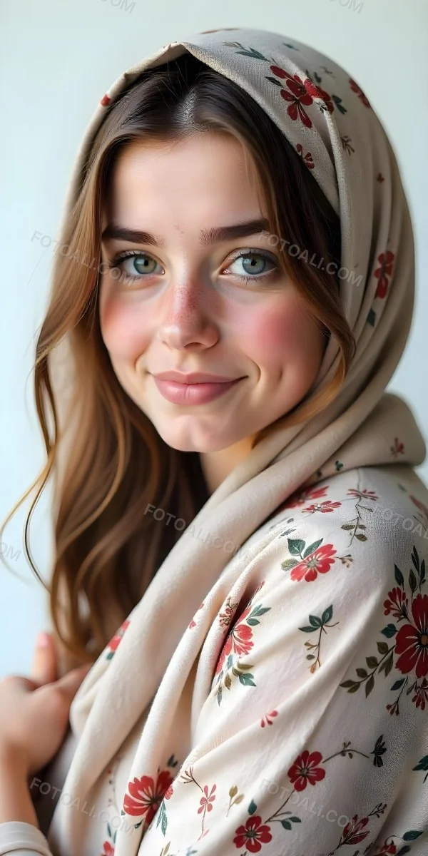 A White Girl With Freckles 21 Years Old Light Brown Hair Wearing A Hijab With Floral Ornaments Light Skin In A White Background 11 8e12