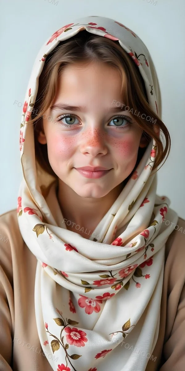 A White Girl With Freckles 21 Years Old Light Brown Hair Wearing A Hijab With Floral Ornaments Light Skin In A White Background 16 5242