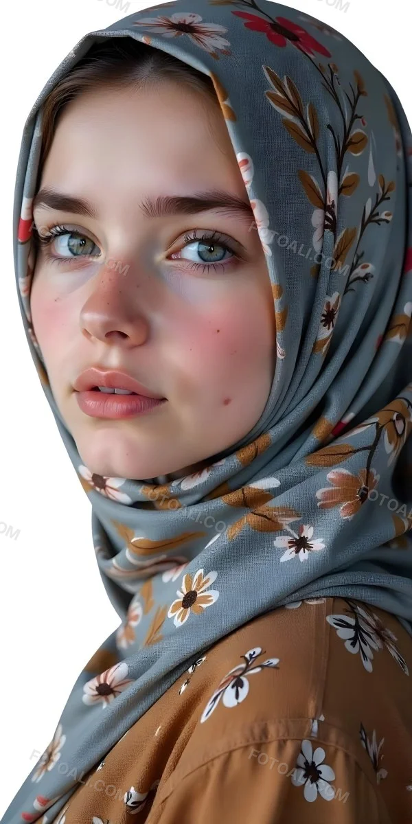A White Girl With Freckles 21 Years Old Light Brown Hair Wearing A Hijab With Floral Ornaments Light Skin In A White Background 17 3331